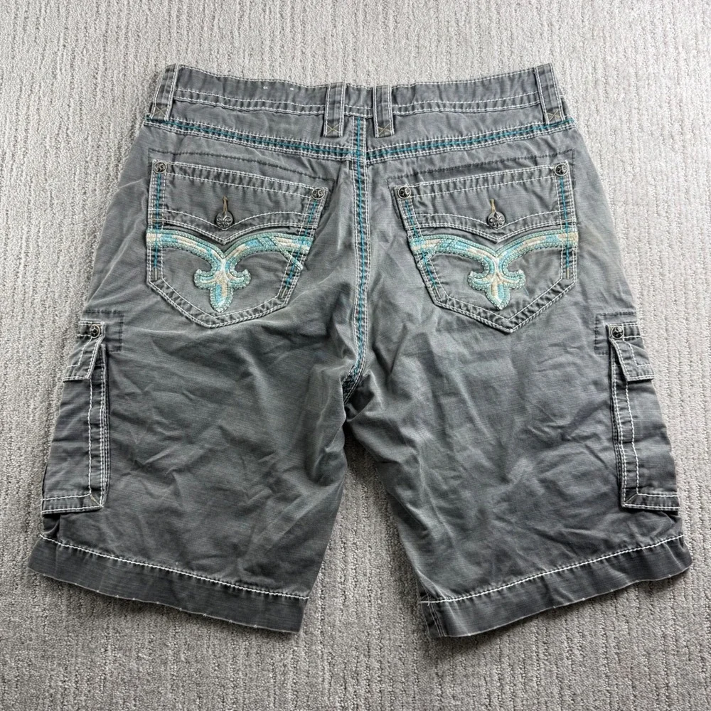 Rock Revival Cargo Shorts Mens Size 38 Gray Slim Fit Heavy Stitch Embroidered